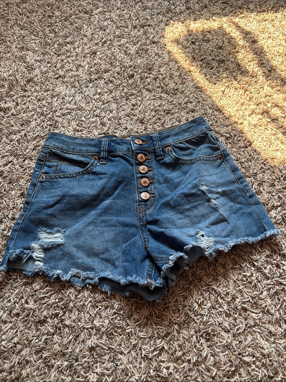 High-Rise Distressed Denim Shorts - Blue